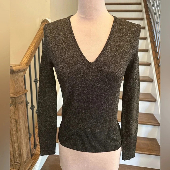 Neiman Marcus Exclusive Brown Metallic Lurex V-Neck Long Sleeve Sweater Size XS - Picture 2 of 7